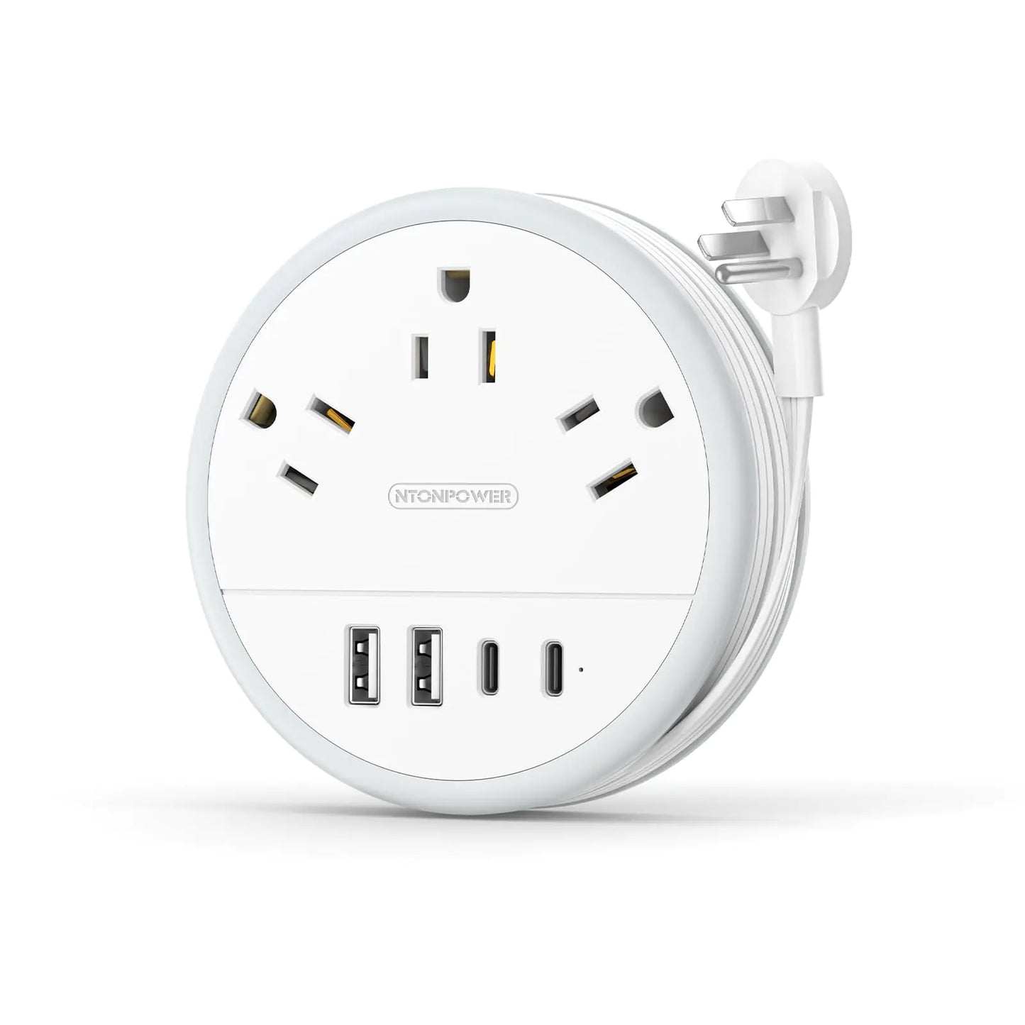 NTONPOWER Travel Power Strip Cruise Approved Power Strip with 3 Outlets 4 USB Ports(2 USB C) 4FT Wrapped Around Flat Extension Cord Portable Power Strip for Travel Cruise Ship Essentials White