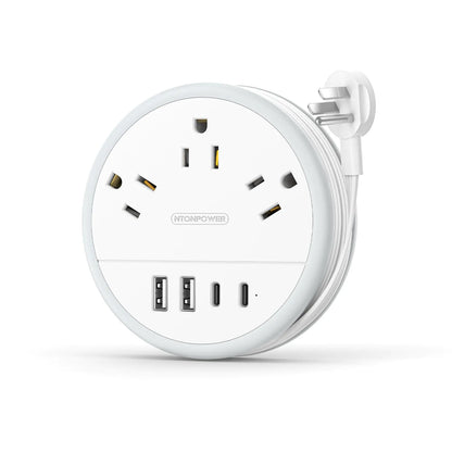 NTONPOWER Travel Power Strip Cruise Approved Power Strip with 3 Outlets 4 USB Ports(2 USB C) 4FT Wrapped Around Flat Extension Cord Portable Power Strip for Travel Cruise Ship Essentials White