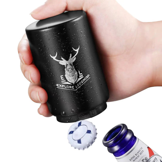 VEADOOLLY Automatic Beer Bottle Opener with Magnetic Cap Stainless Steel One-Handed Lid Opening Spring Loaded Push&Pop for Kitchen Home Bar Restaurant Household Utensils Beer Accessories Gift (Elk)