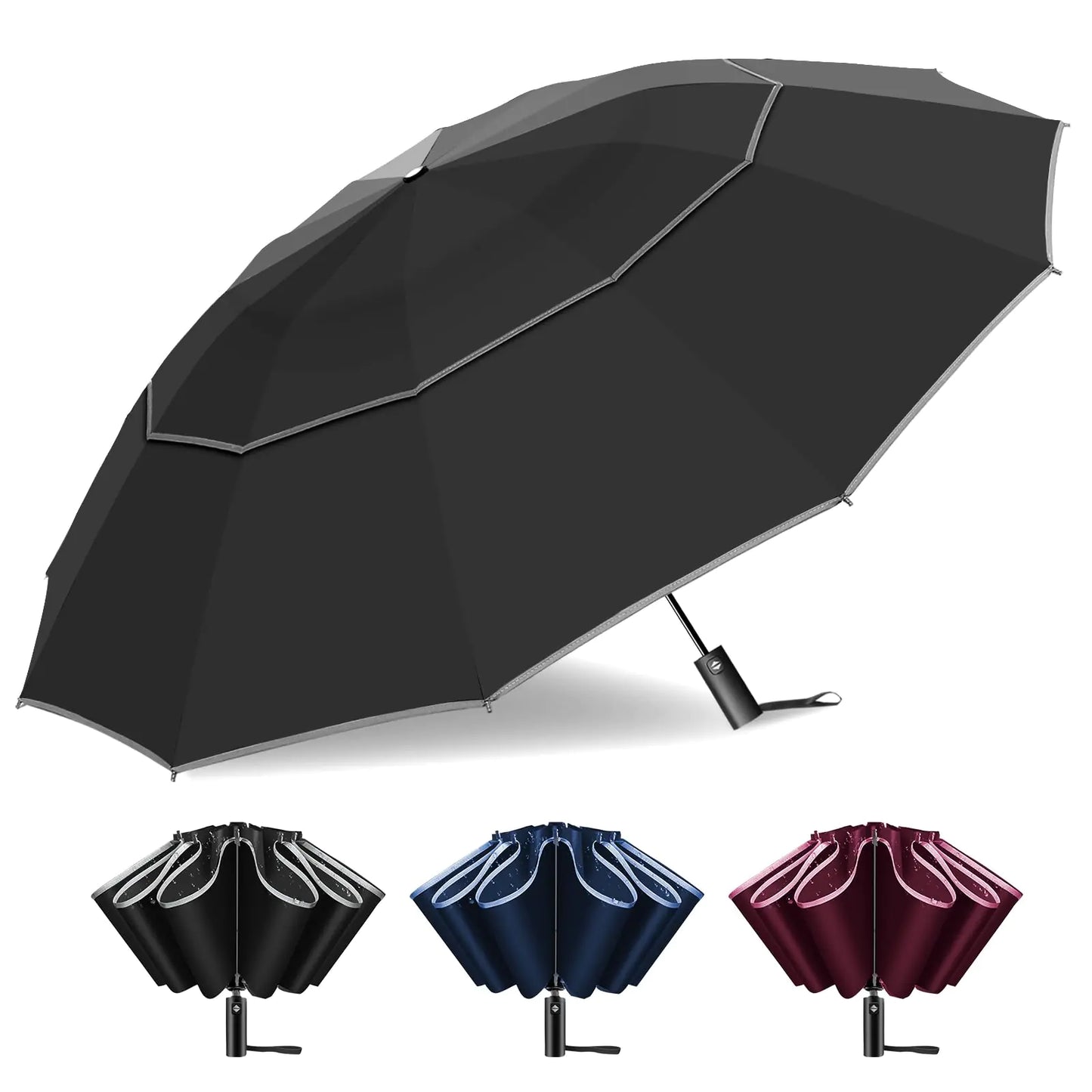 T2Raiwy 54 Inch Inverted Golf Umbrella for Rain Automatic Windproof 12 Ribs Double Canopy Vented Reverse Folding Umbrella for Travel UPF 50+ Compact Portable Upside Down Reflective Large Umbrellas (Black)