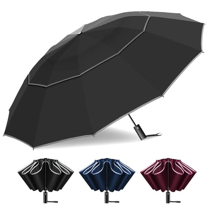 T2Raiwy 54 Inch Inverted Golf Umbrella for Rain Automatic Windproof 12 Ribs Double Canopy Vented Reverse Folding Umbrella for Travel UPF 50+ Compact Portable Upside Down Reflective Large Umbrellas (Black)