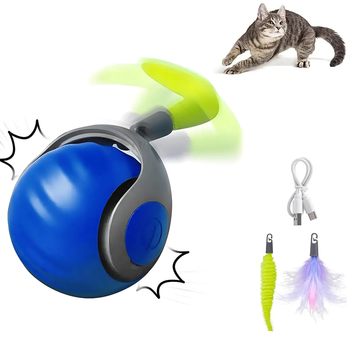 Plresen Speedy Tail 2.0 Speedy Tail Cat Toy Interactive Cat Toy Ball Motion Activated Cat Toy Balls Cat Toys Balls with Feather Tail Automatic Cat Toy Cat Stimulation Toys for Indoor Cats(Blue)