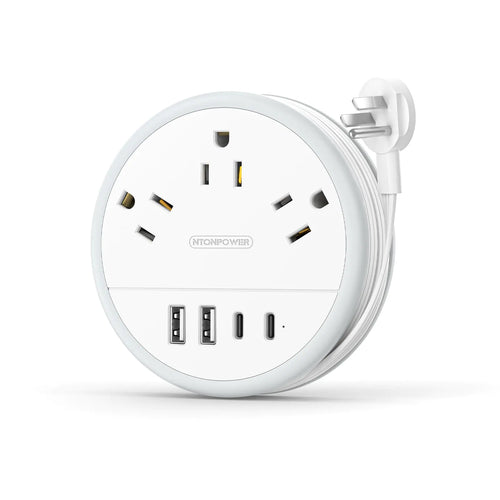 NTONPOWER Travel Power Strip Cruise Approved Power Strip with 3 Outlets 4 USB Ports(2 USB C) 4FT Wrapped Around Flat Extension Cord Portable Power Strip for Travel Cruise Ship Essentials White